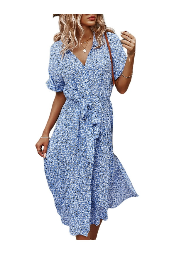 Women's Button Down Midi Dress, Short Sleeve Floral Print Belted Loose Shirt Dress
