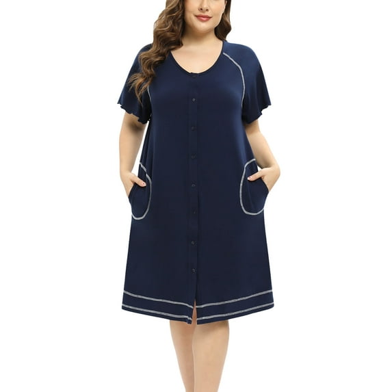 Women's Button Down Nightgown Plus Size Sleepwear Pajamas Dress Short Sleeve Sleepshirt V Neck Nightshirt with Pocket Soild Soft Pajamas Loungewear,Blue XL-4XL
