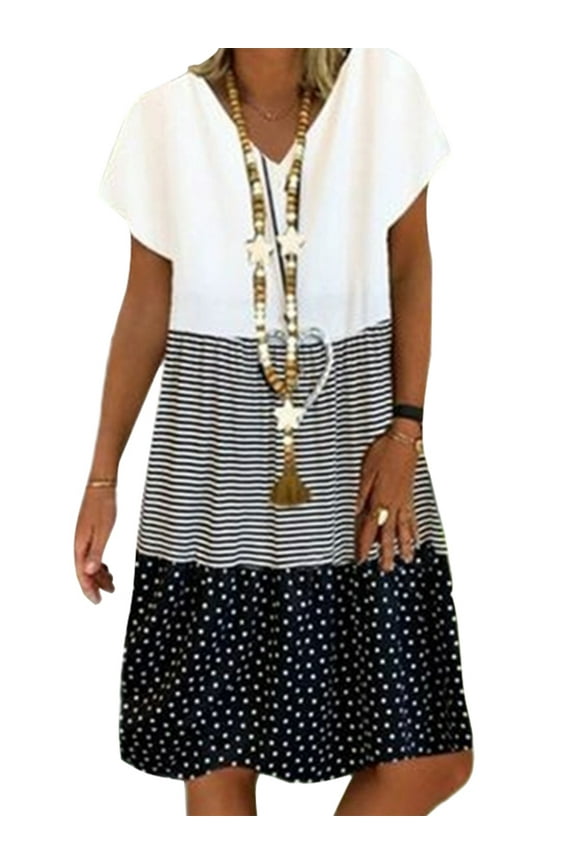 Summer Casual Loose Stripe Dot Mini Dresses for Women Patchwork Fashion V-Neck Short Sleeves Beach Daliy Party Plus Size Sun Dress