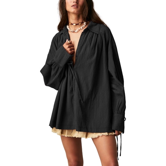 Women's Button Down Oversized Loose Tops Fashion V-Neck Long Puff Sleeve Shirt Casual Solid Color Summer Beach Blouse