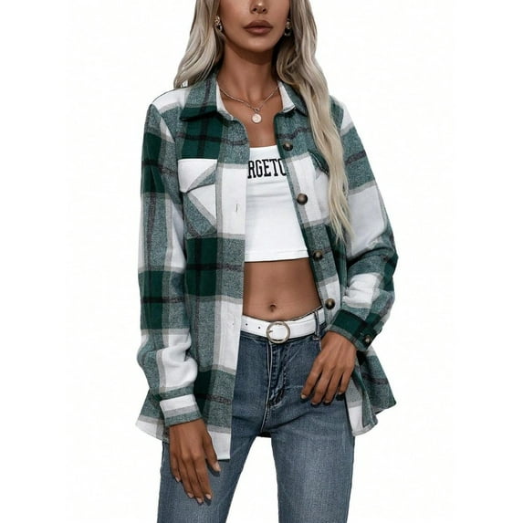 Women's Button-Down Plaid Flannel Shirt with Chest Pockets- Large, Olive Green