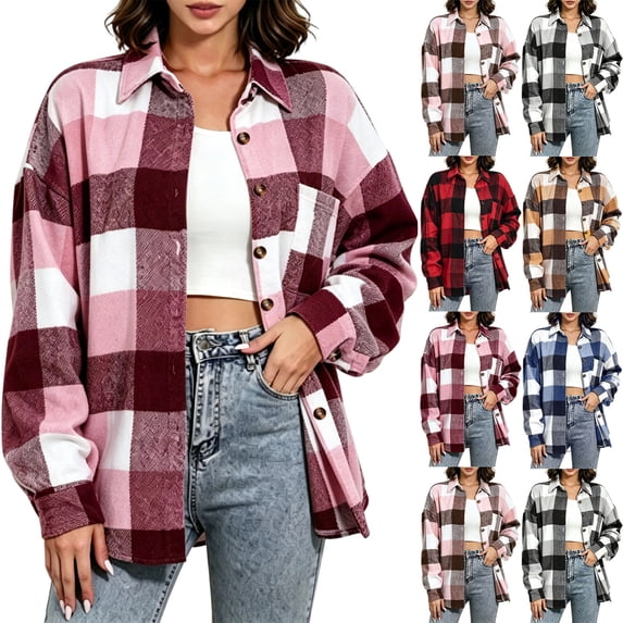 Women's Button Down Plaid Shacket Jacket,Long Sleeve Open Front Casual Coat with Chest Pockets,Cool Fall and Early Winter Days