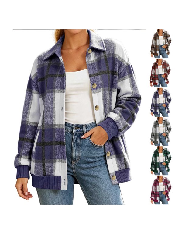 Women's Button Down Plaid Shacket Jacket,Long Sleeve Rib Cuff Hem Open Front Casual Coat,Cool Fall and Early Winter Days