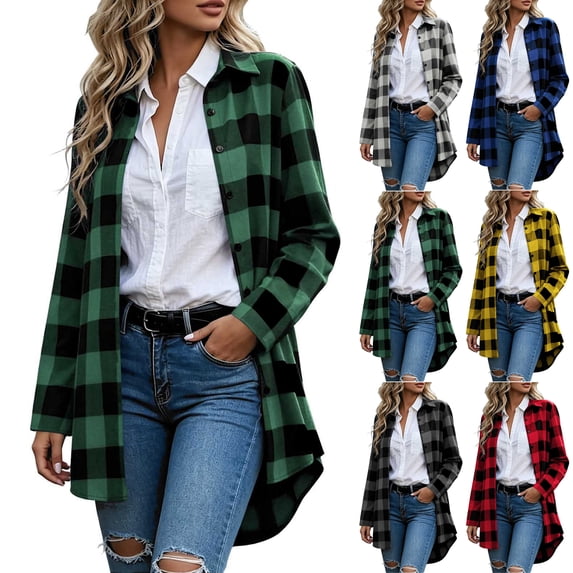 Women's Button Down Plaid Shacket Jacket,Mid-Length Long Sleeve Open Front Casual Coat,Cool Fall and Early Winter Days