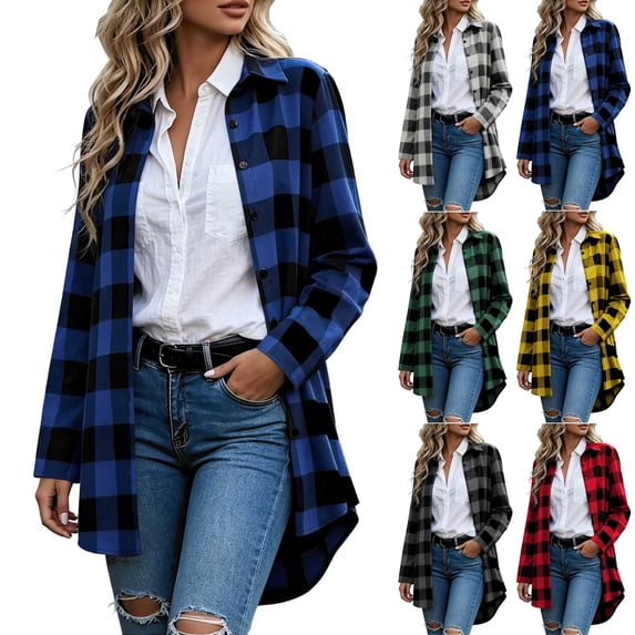 Women's Button Down Plaid Shacket Jacket,Mid-Length Long Sleeve Open Front Casual Coat,Cool Fall and Early Winter Days