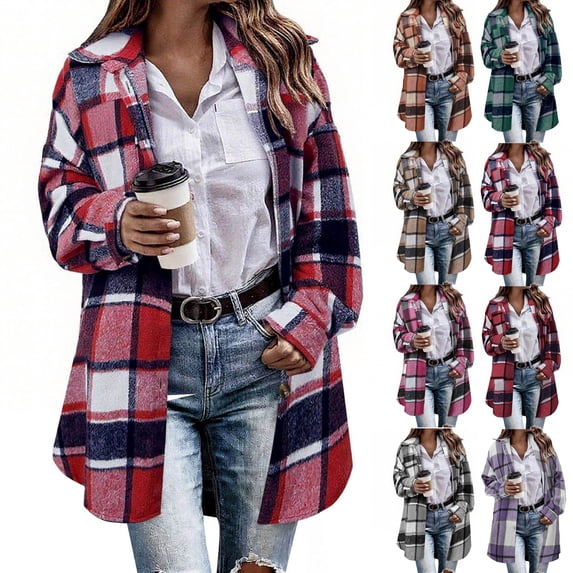 Women's Button Down Plaid Shacket Jackets,Mid-Length Long Sleeve Open Front Casual Coat,Cool Fall and Early Winter Days