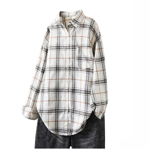 Women's Button Down Plaid Shirts Loose Long Sleeve Cardigan Trendy Business Causal Blouse Flannel Lapel Tops White M