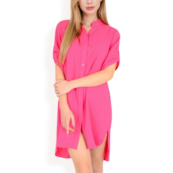 Women's Button-Down Roll-Up Sleeve Shirt Dress- Rose Gold,Large