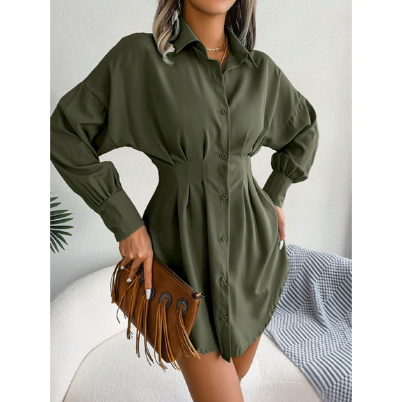 Women's Button Down Shirt Dress with Pleated Waist and Long Sleeves