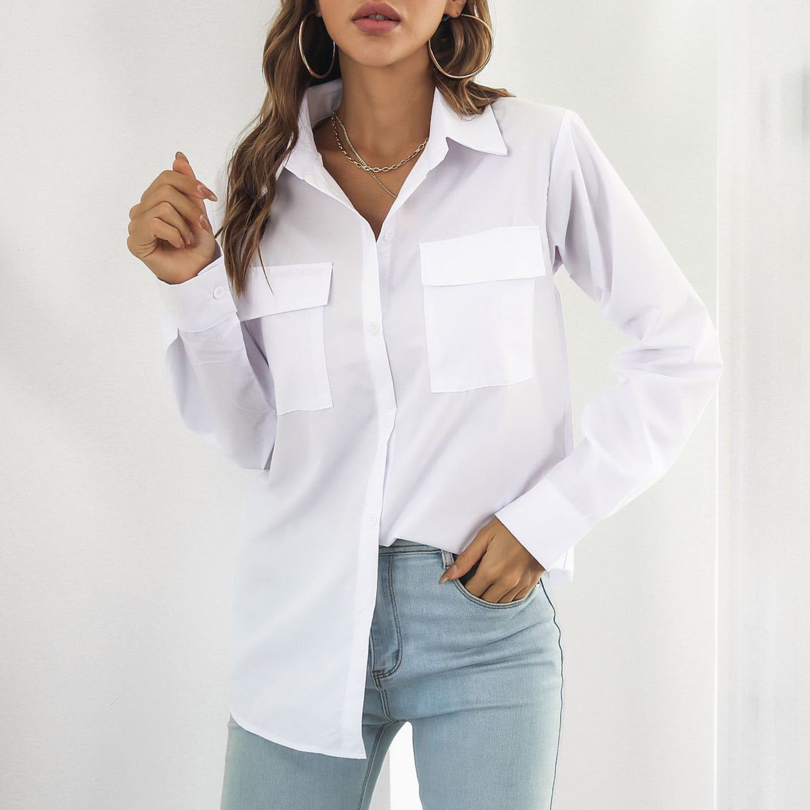 Women's Blouses Elegant Plain Top Stand Collar Fake Buttons Long Sleeve  White S 