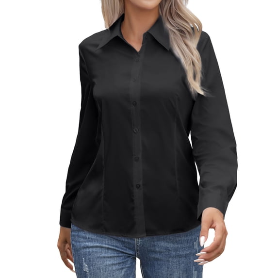Women's Button Down Shirt, Long Sleeve Stretch Casual Blouse, Classic Regular Fit Work Top