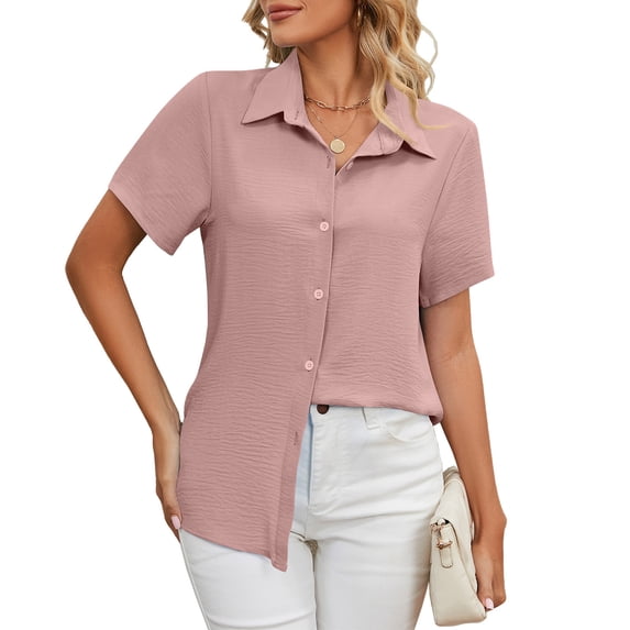 Women's Button Down Shirt Pure Color Short Sleeve Breathable Casual Shirt for Working Pink XL Bienvenido