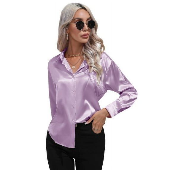 Women's Button Down Shirt Satin Silk Long Sleeve Blouse Formal Work Top Point Collar Vintage Shirt Work Office Silky Shirts Tops S-XL