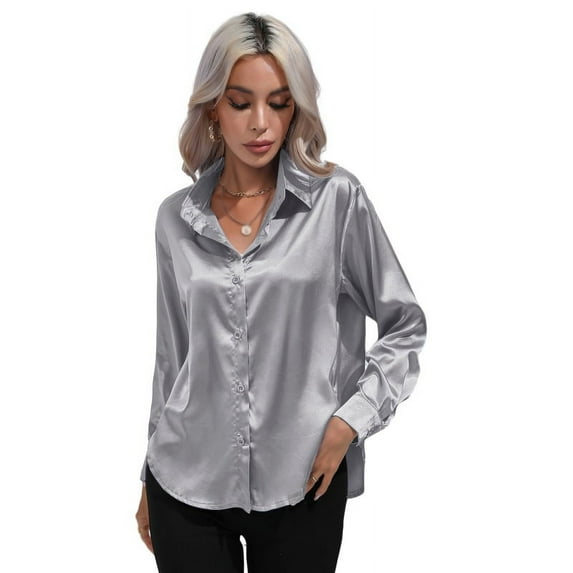 Women's Button Down Shirt Satin Silk Long Sleeve Blouse Formal Work Top Point Collar Vintage Shirt Work Office Silky Shirts Tops S-XL