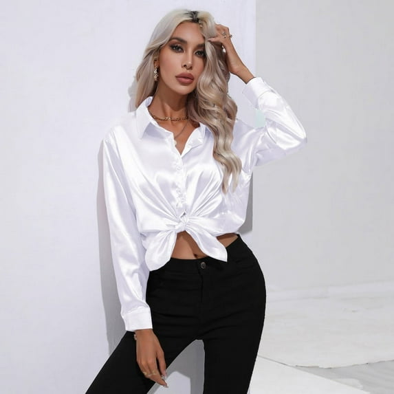 Women's Button Down Shirt Satin Silk Long Sleeve Blouse Formal Work Top Point Collar Vintage Shirt Work Office Silky Shirts Tops S-XL