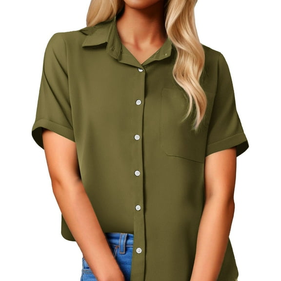 Women's Button Down Shirt Short Sleeve Collared Solid Work Blouses with Pocket Summer Beach Casual Business Tunic Tops Z001-Army Green XXL