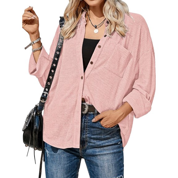 Women's Button Down Shirt Waffle Knit Tops Long Sleeve Dressy Casual Loose Fit Shirt with Pocket