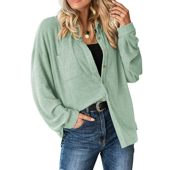 Women's Button Down Shirt Waffle Knit Tops Long Sleeve Dressy Casual Loose Fit Shirt with Pocket
