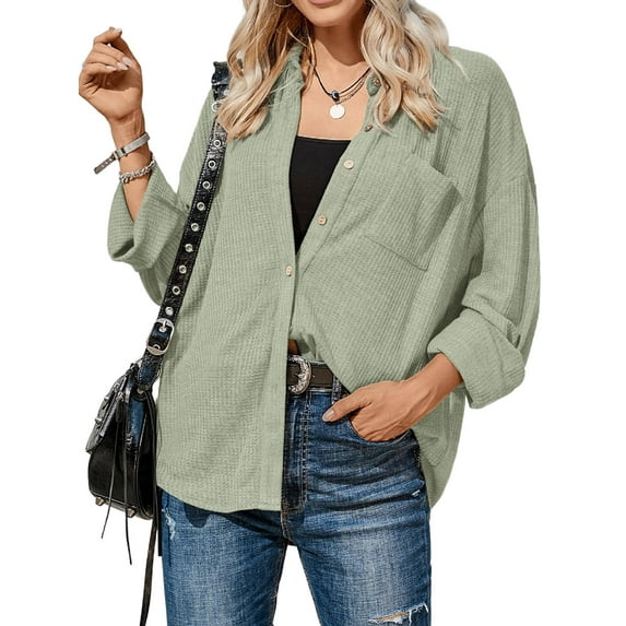 Women's Button Down Shirt Waffle Knit Tops Long Sleeve Dressy Casual Loose Fit Shirt with Pocket