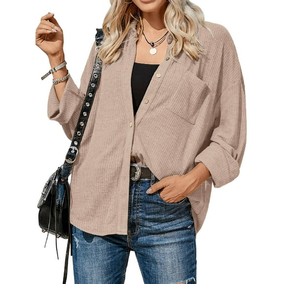 Women's Button Down Shirt Waffle Knit Tops Long Sleeve Dressy Casual Loose Fit Shirt with Pocket