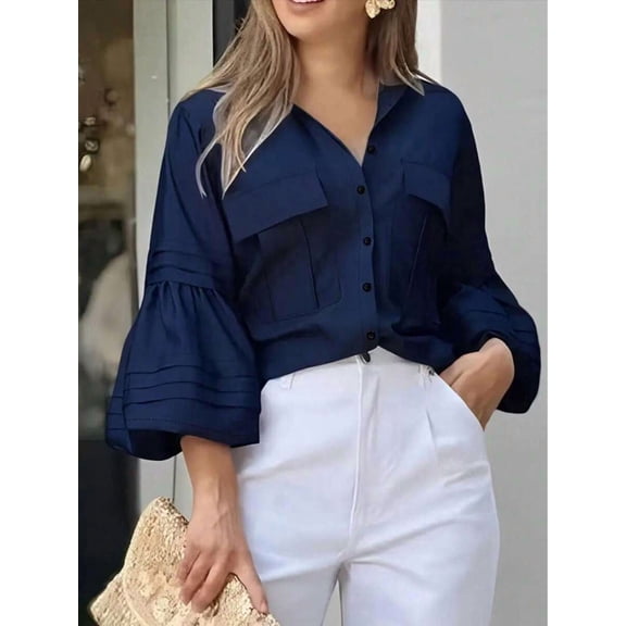 Women's Button Down Shirt with Flap Pockets Collared Long Sleeve Blouse Bell Sleeve Top for Daily Wear