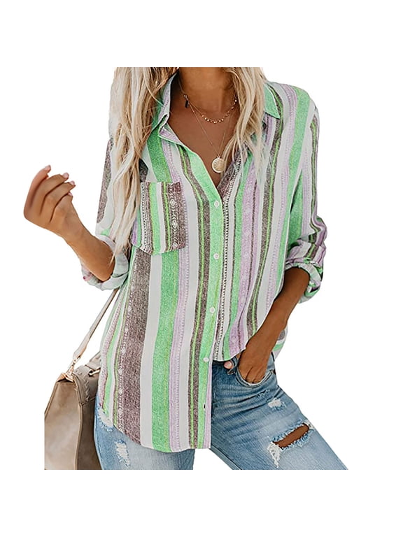 Women's Button Down Shirts 2022 Dressy Casual Long Sleeve Striped Blouses Stylish V Neck Tee Shirts Tops with Pockets