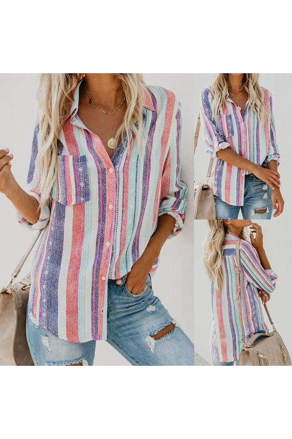 Women's Button Down Shirts 2022 Dressy Casual Long Sleeve Striped Blouses Stylish V Neck Tee Shirts Tops with Pockets