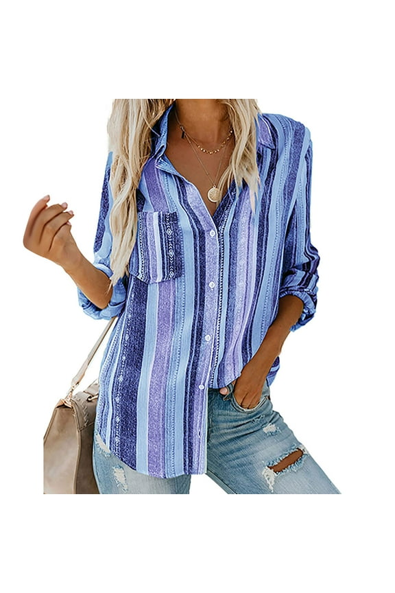 Women's Button Down Shirts 2022 Dressy Casual Long Sleeve Striped Blouses Stylish V Neck Tee Shirts Tops with Pockets