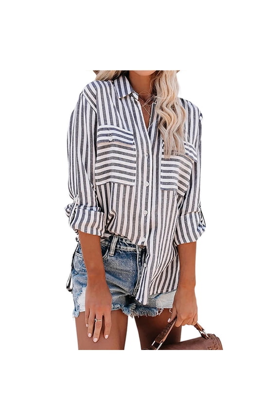 Women's Button Down Shirts 2022 Dressy Casual Long Sleeve Striped Blouses Stylish V Neck Tee Shirts Tops with Pockets