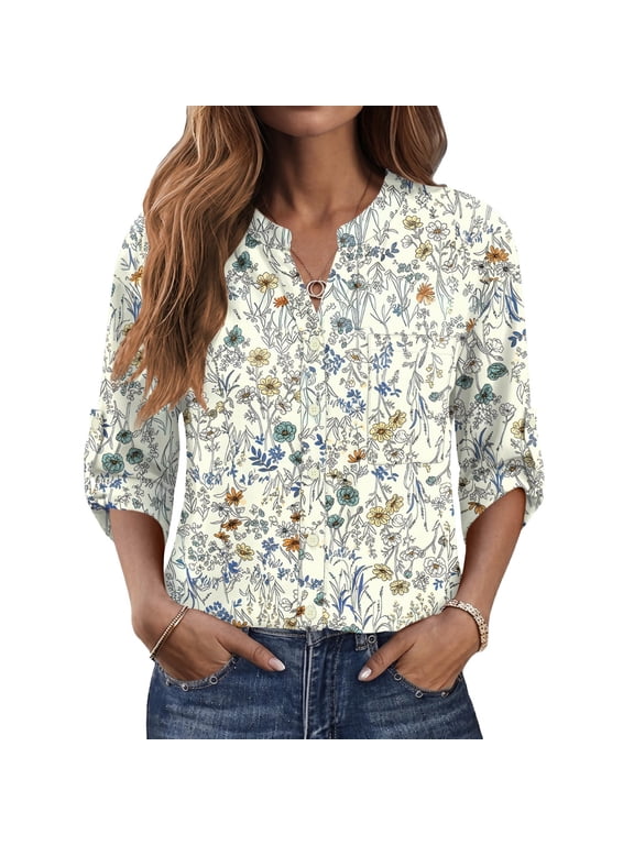 Women's Button Down Shirts 3/4 Length Sleeve Tops Casual Work Blouses with Pocket, S-2XL