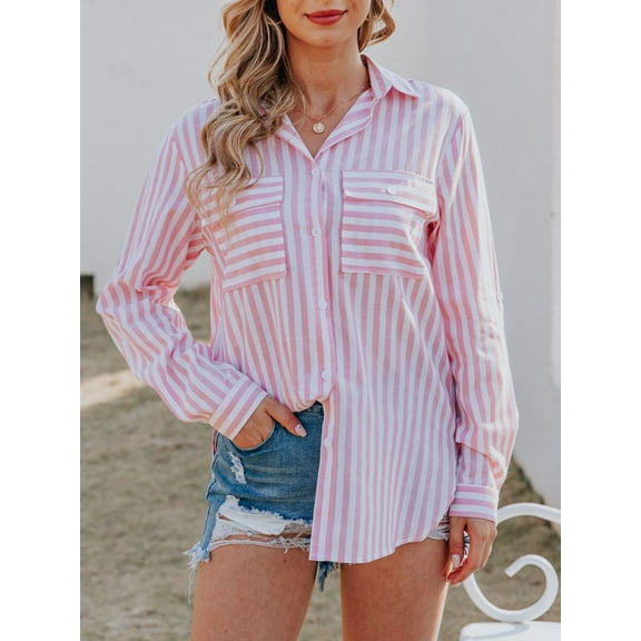 Women's Button Down Shirts Casual Long Sleeve V Neck Striped Blouses Tops with Pockets