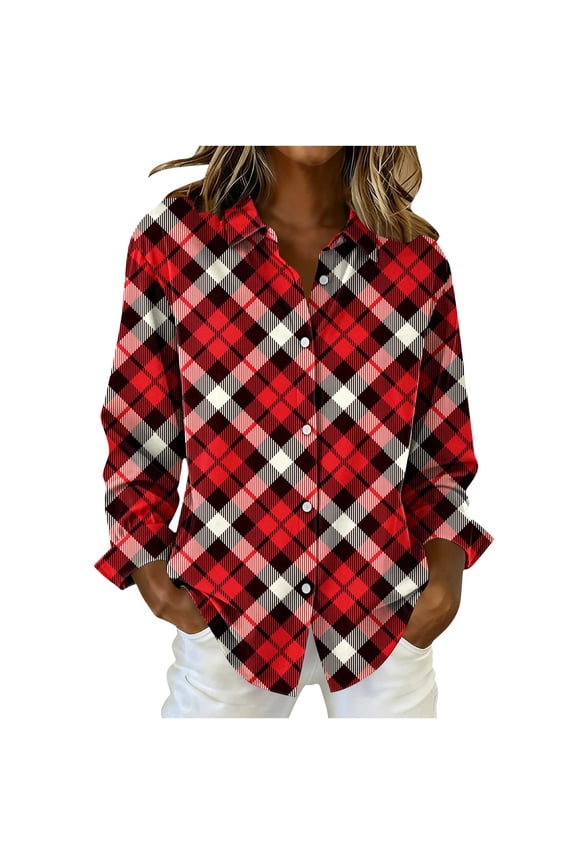 Women's Button Down Shirts Classic Plaid Checkered Print Long Sleeve Lapel Collared Blouses Christmas Casual Tops (L, Red #A)