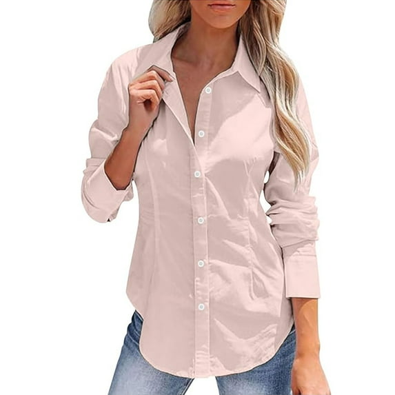 Women's Button Down Shirts Cotton Linen Long Sleeve Lapel Collar Dress Shirts Solid Trendy Business Work Slim Fit Blouses