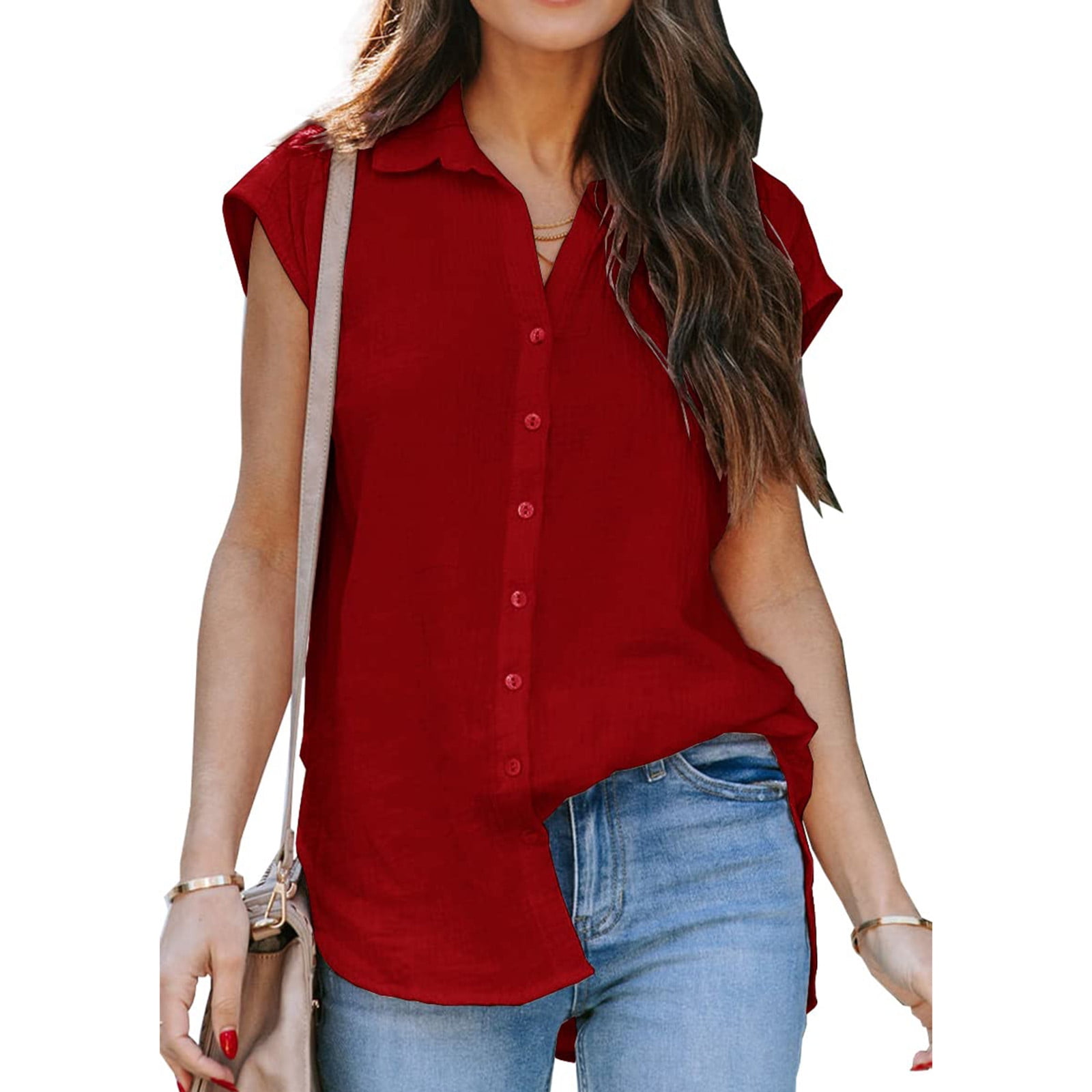 Women's Button Down Shirts Dressy Casual Chiffon Blouses Tops Short Sleeve  Lapel Collar Loose Lightweight Tees (X-Large, Red) - Walmart.com