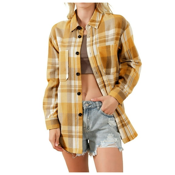 Women's Button Down Shirts Dressy Casual Plaid Long Sleeved Lapel Collar Blouses with Pocket Stretch Comfy Loose Fit Tunic Tops