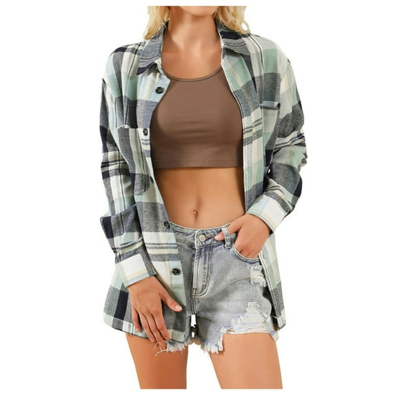 Women's Button Down Shirts Dressy Casual Plaid Long Sleeved Lapel Collar Blouses with Pocket Stretch Comfy Loose Fit Tunic Tops