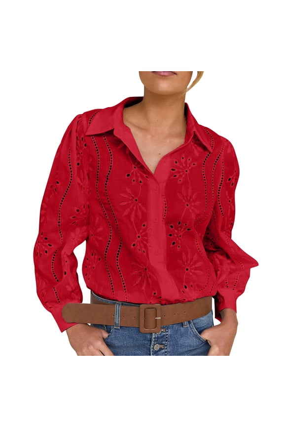 Women's Button Down Shirts Eyelet Blouse Casual Long-Sleeve Tops Embroidery Turn Down Collar Outfit Spring Summer Shirt Red XL