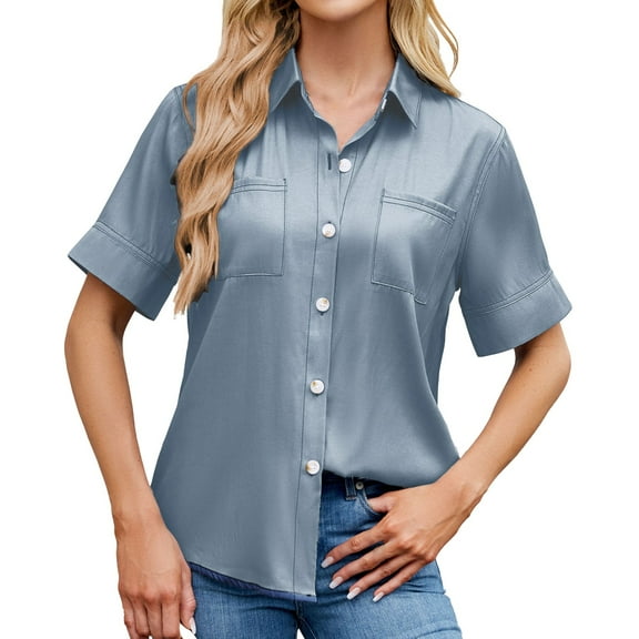 Women's Button Down Shirts Fashion Dressy Casual Solid Short Sleeve Collared Blouses with Pocket Stretch Comfy Relaxed Fit Tunic Tops
