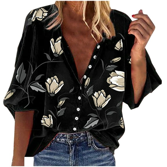 Women's Button Down Shirts Fashion Floral Printed Nine-minute Sleeve Blouses Stand Collar Loose Long Sleeve Shirt Casual Beach Vacations Top Black L