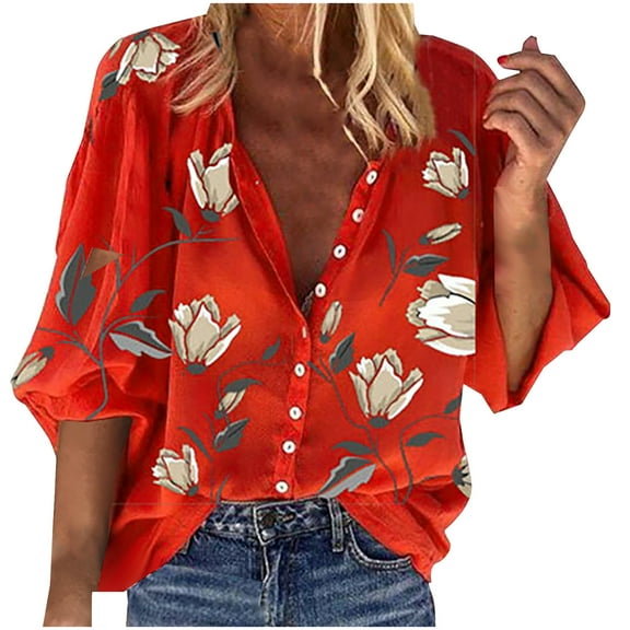 Women's Button Down Shirts Fashion Floral Printed Nine-minute Sleeve Blouses Stand Collar Loose Long Sleeve Shirt Casual Beach Vacations Top Red XL