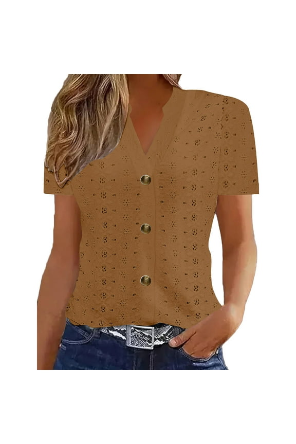 Women's Button Down Shirts Hollow Out Floral Lace V Neck Short Sleeve Blouses Dressy Casual Summer Clothes (S, Brown)