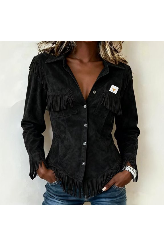 Women's Button Down Shirts Lapel Collar Long Sleeve Suede Tops with Fringed Hem & Cuffs Western Cowgirl Solid Color Blouse Black M Black M