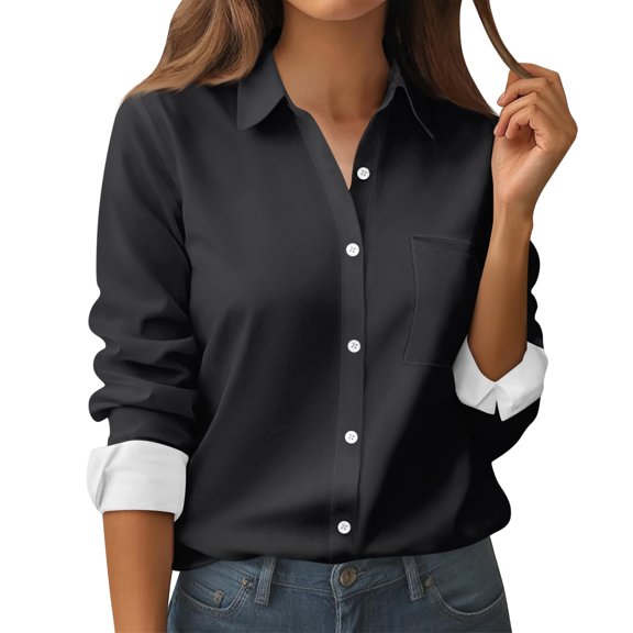 Women's Button Down Shirts Long Sleeve Business Work Tops Casual with Pockets Jacket for Office and Daily Wear Fashion Outfits ,Black 2XL