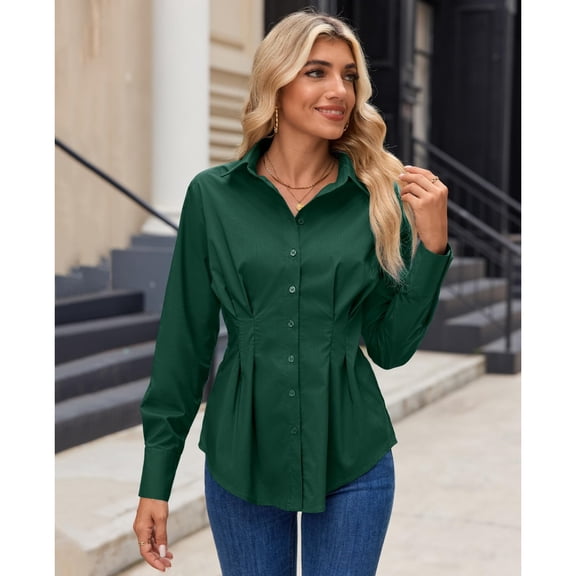 Women's Button Down Shirts Long Sleeve Dress Shirts Wrinkle Free Collared Work Office Solid Blouses Corset Tops Dark Green M