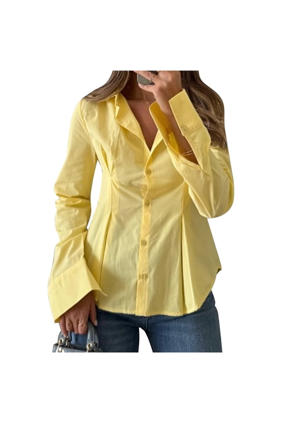 Women's Button Down Shirts Long Sleeve Dress Shirts Wrinkle Free Collared Work Office Solid Blouses Corset Tops Yellow M