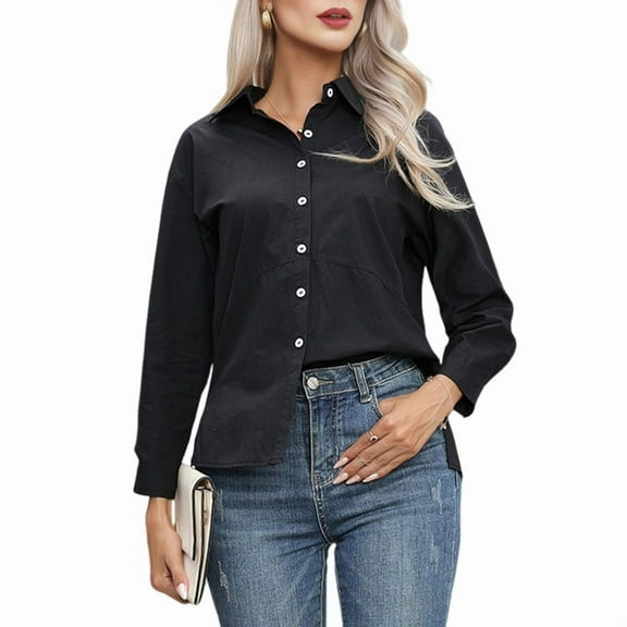 Women's Button Down Shirts Long Sleeve Dress Shirts Wrinkle Free Collared Work Office Tops Black XL