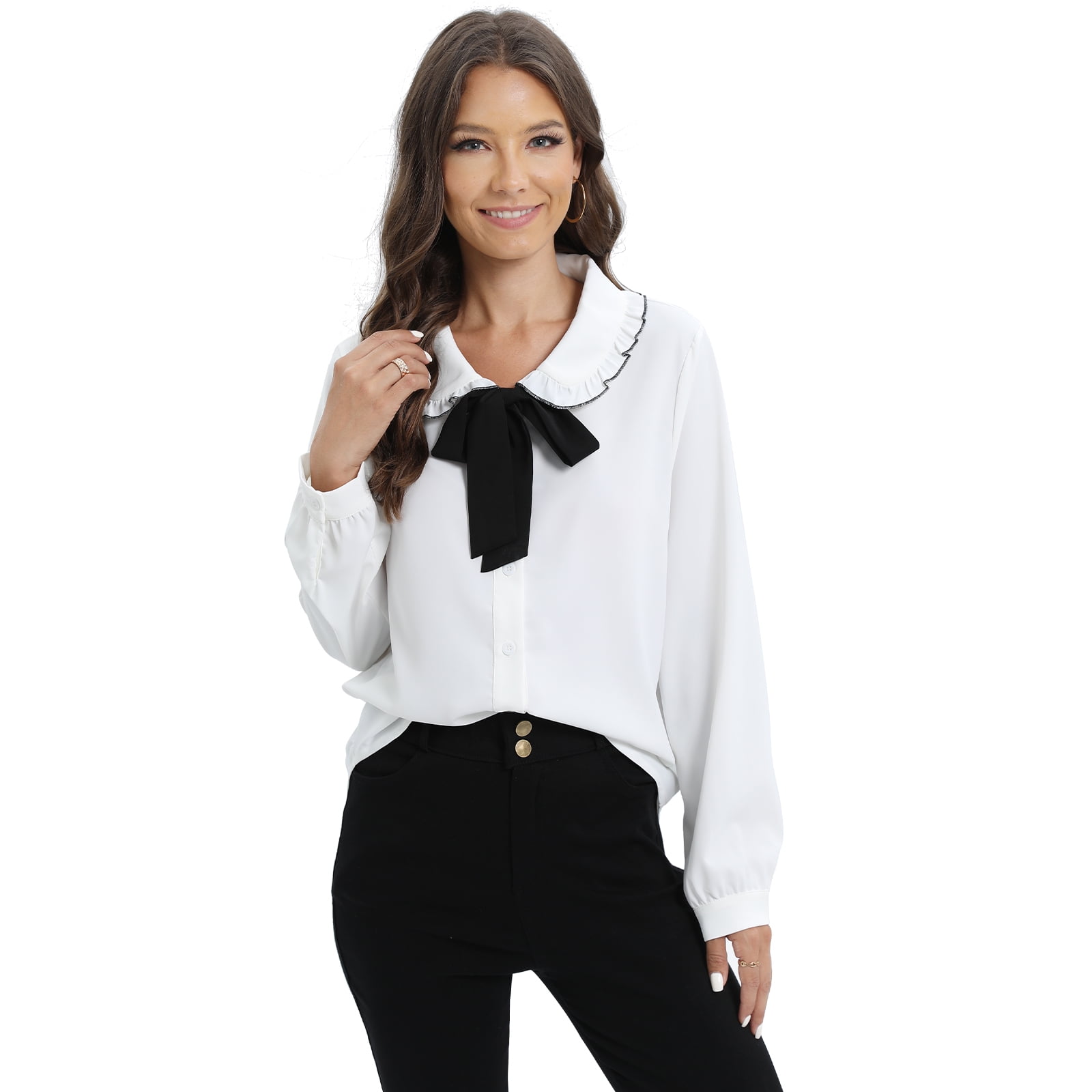 Women s Flounce Collar Bow Tie Shirts Button Down Long Sleeve Office Work Casual Blouse Tops S 2XL Walmart