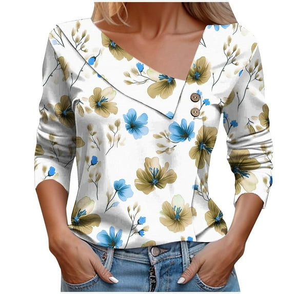 Women's Button Down Shirts Long Sleeve Shirt Fashion Floral Printed Blouses Casual Button-Up Loose T-shirt V-Neck Lapel Pullover Top Blue M