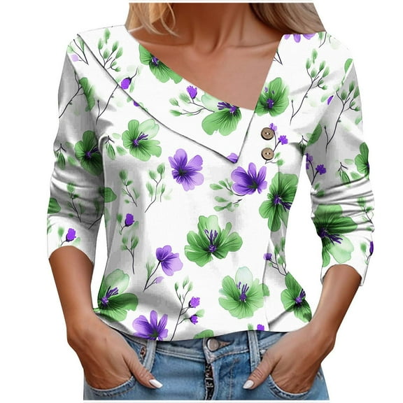 Women's Button Down Shirts Long Sleeve Shirt Fashion Floral Printed Blouses Casual Button-Up Loose T-shirt V-Neck Lapel Pullover Top Purple XL