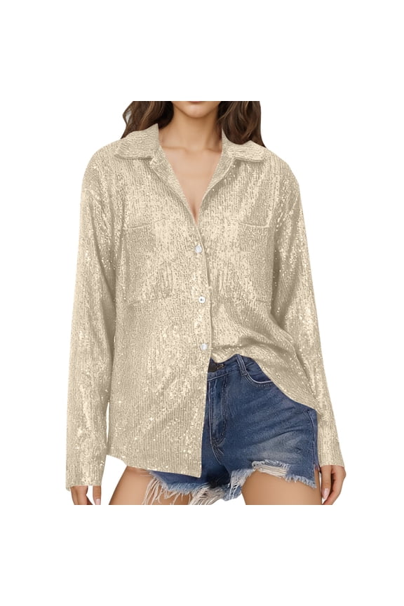 Women's Button Down Shirts Long Sleeve Sparkly Sequin Shirt Turn Down Collar Blouse Party Dance Tops Beige 2XL